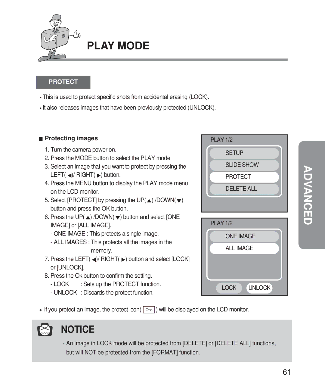 Samsung Digimax 101 manual Protecting images, ONE Image ALL Image Lock Unlock 