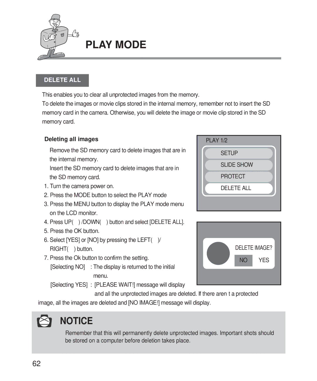 Samsung Digimax 101 manual Delete ALL, Deleting all images 