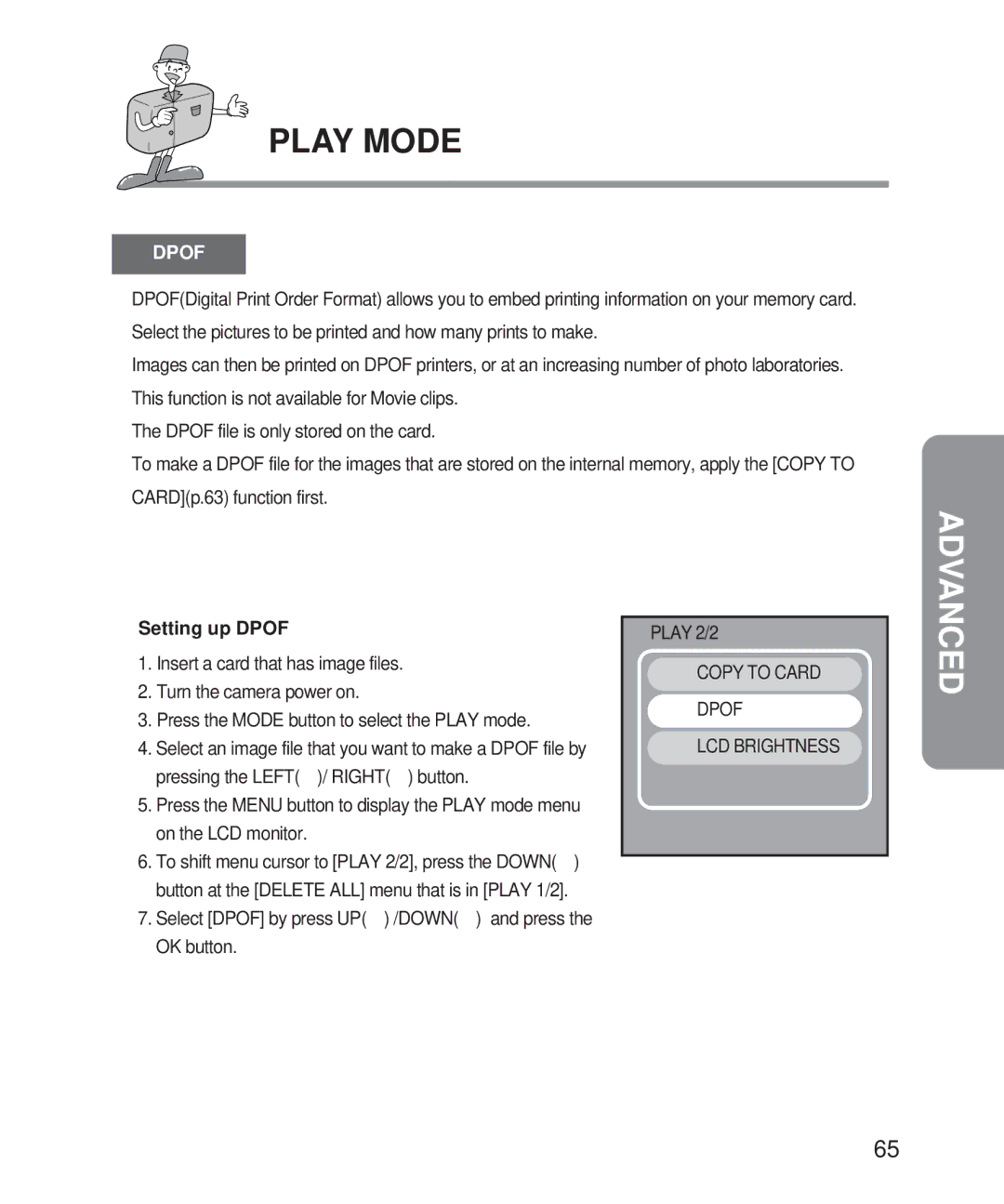 Samsung Digimax 101 manual Setting up Dpof, Copy to Card Dpof LCD Brightness 