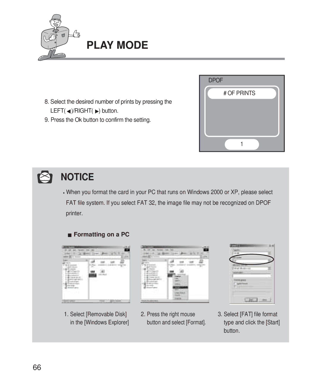 Samsung Digimax 101 manual Dpof # of Prints, Formatting on a PC 