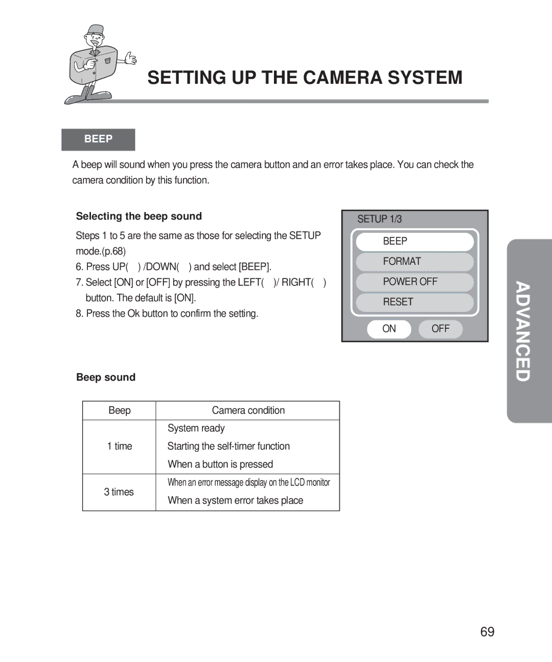 Samsung Digimax 101 manual Selecting the beep sound, Beep sound 