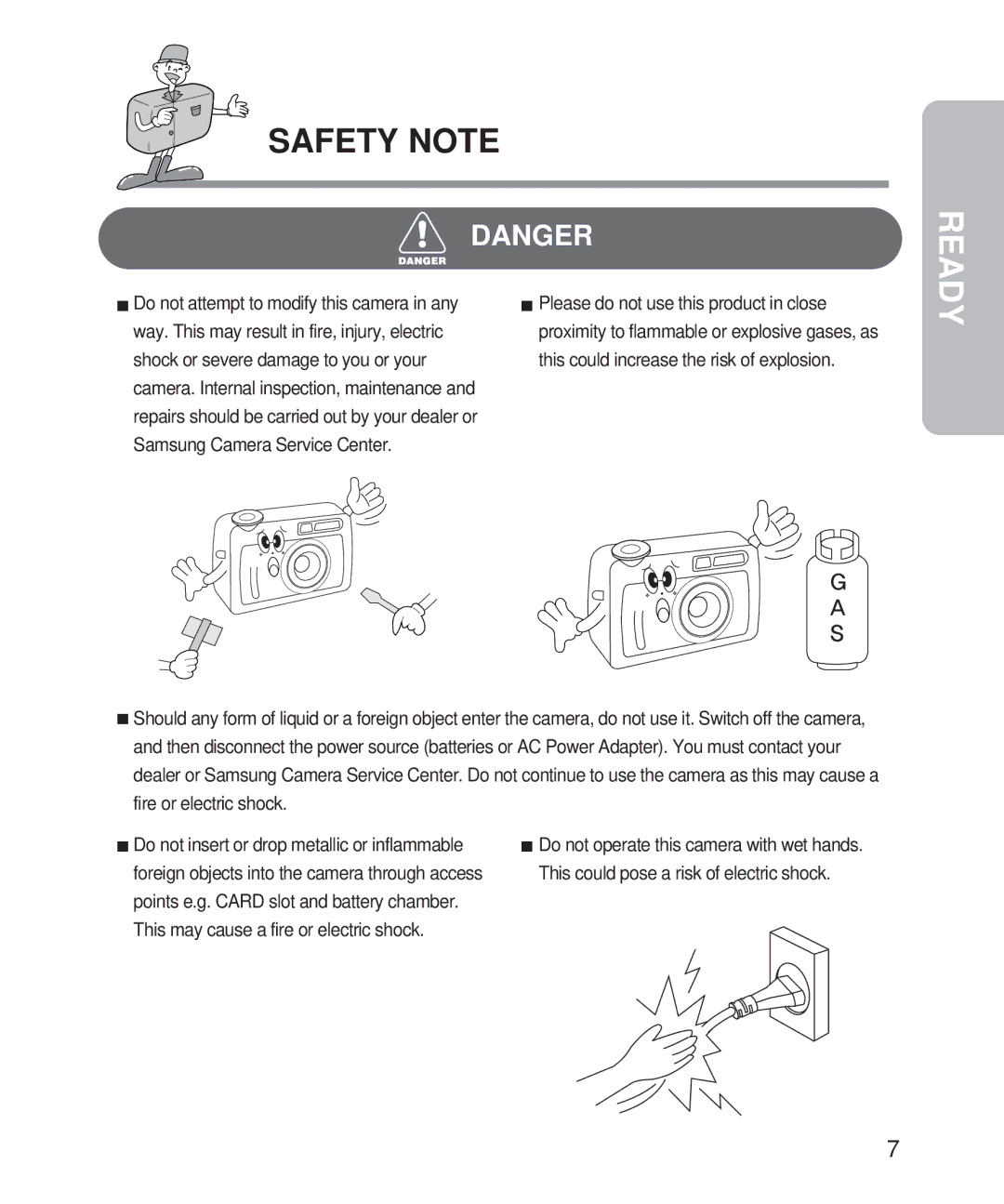 Samsung Digimax 101 manual Safety Note, Foreign objects into the camera through access 