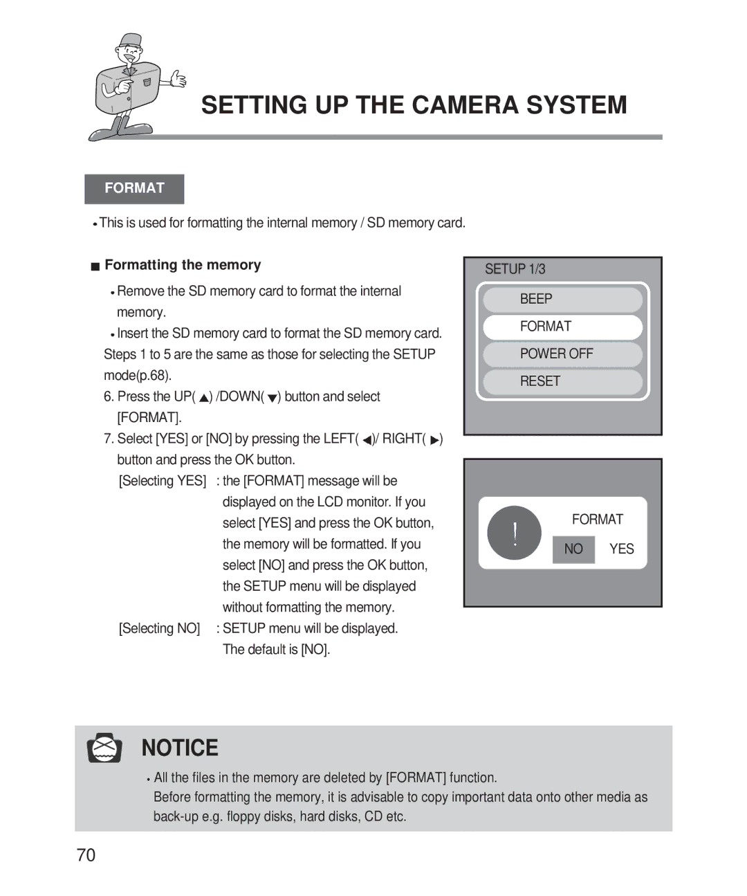 Samsung Digimax 101 Formatting the memory, Without formatting the memory, Setup 1/3 Beep Format Power OFF Reset No YES 