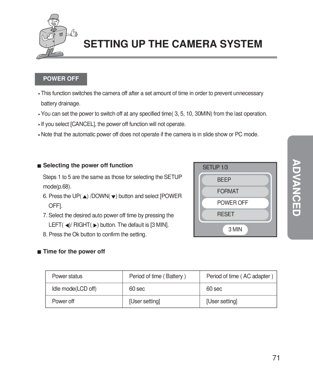 Samsung Digimax 101 manual Power OFF, Selecting the power off function, Time for the power off 