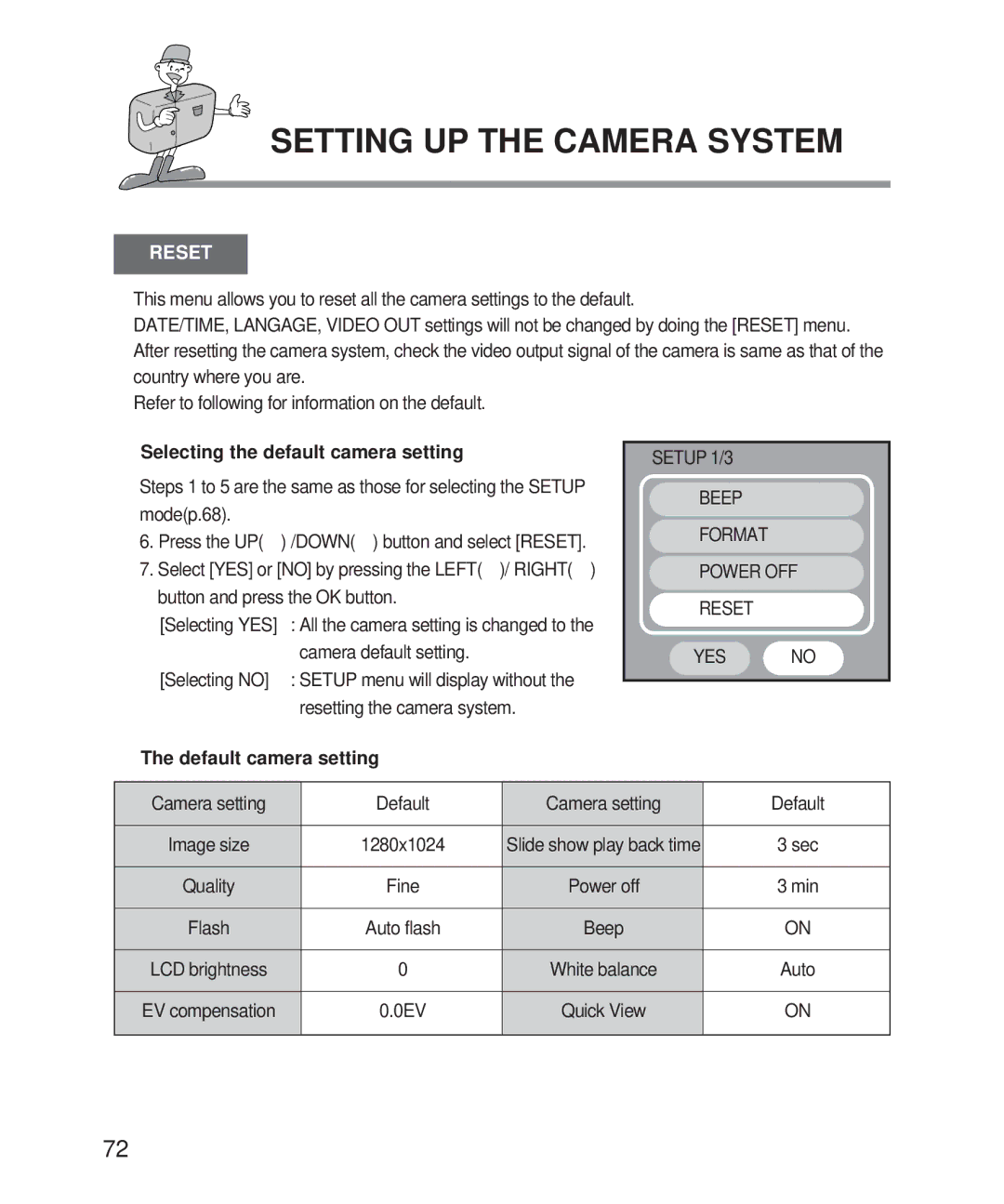 Samsung Digimax 101 manual Reset, Selecting the default camera setting, Default camera setting 