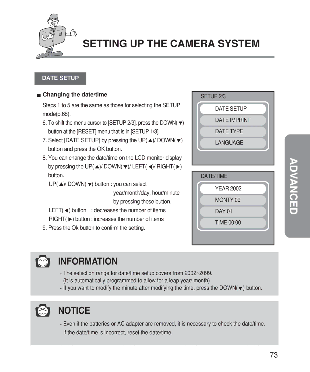 Samsung Digimax 101 manual Date Setup, Changing the date/time, Left, Right, Monty 