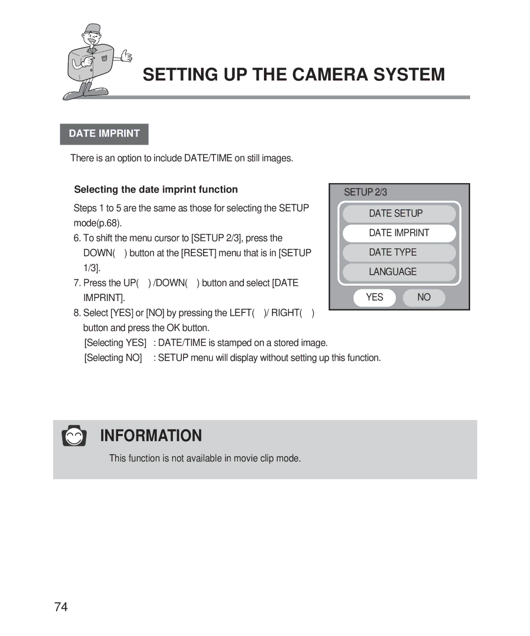 Samsung Digimax 101 manual Date Imprint, Selecting the date imprint function, Imprint YES 