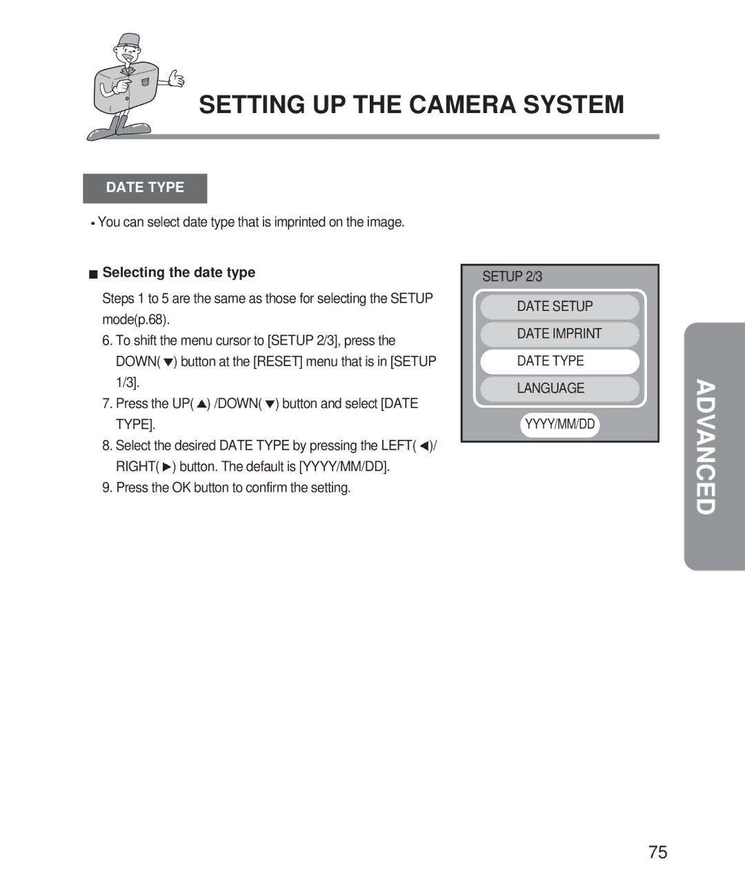 Samsung Digimax 101 manual Date Type, You can select date type that is imprinted on the image, Selecting the date type 