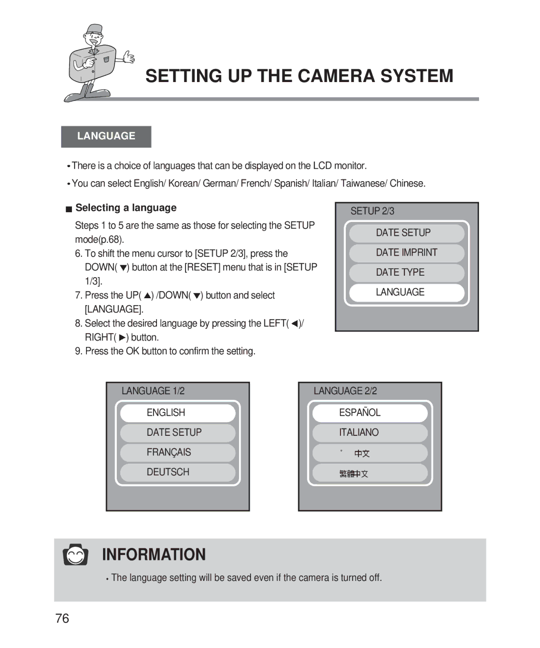 Samsung Digimax 101 manual Language, Selecting a language 