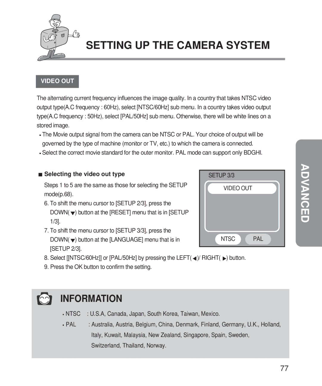 Samsung Digimax 101 manual Selecting the video out type, Setup 3/3 Video OUT Ntsc PAL, Pal 