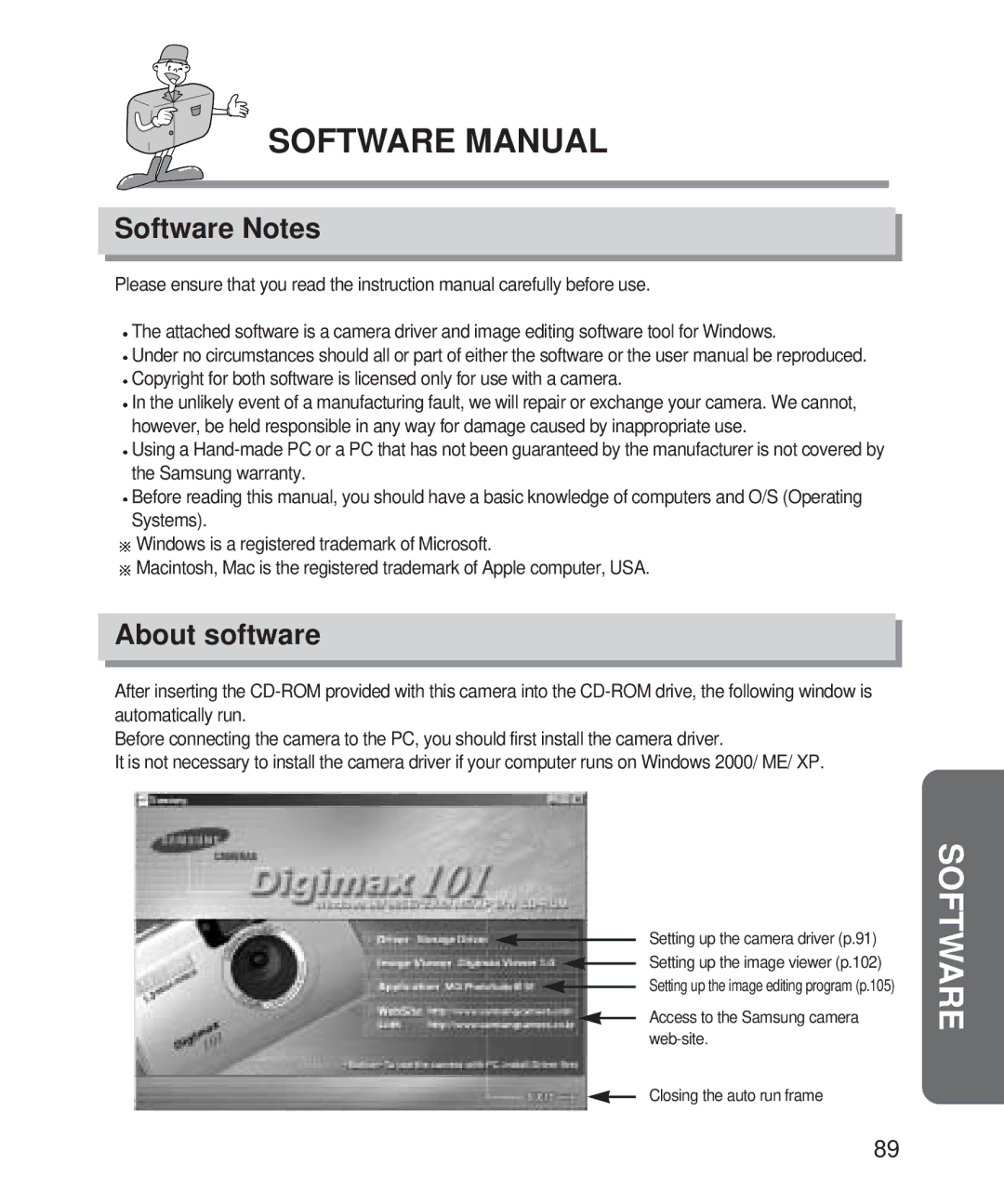 Samsung Digimax 101 manual Software Manual, Software Notes, About software 