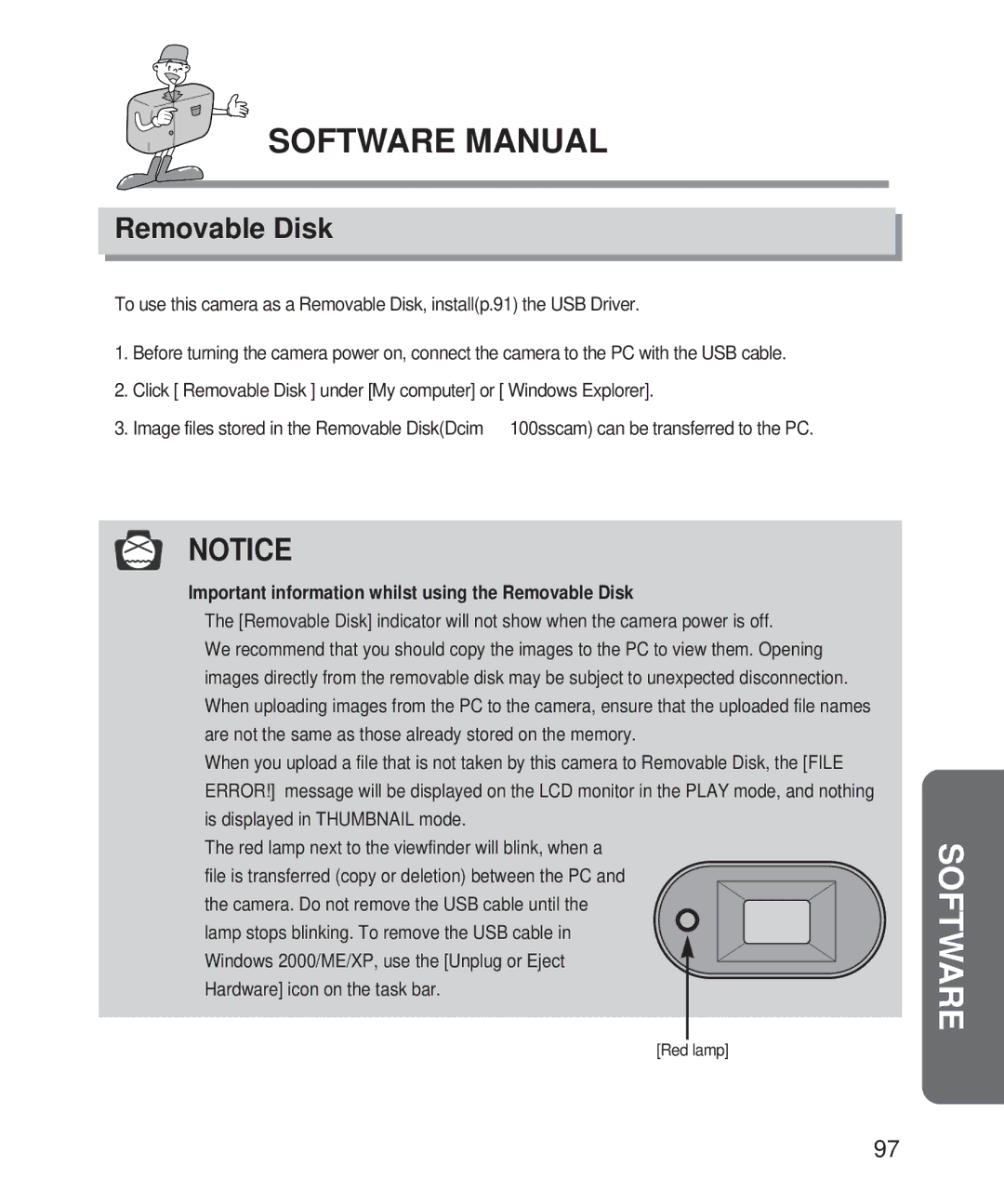 Samsung Digimax 101 manual Important information whilst using the Removable Disk 