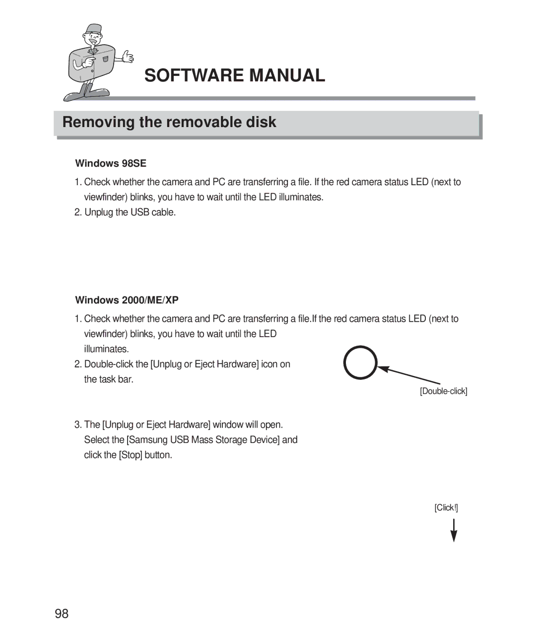 Samsung Digimax 101 manual Removing the removable disk, Windows 98SE, Windows 2000/ME/XP 