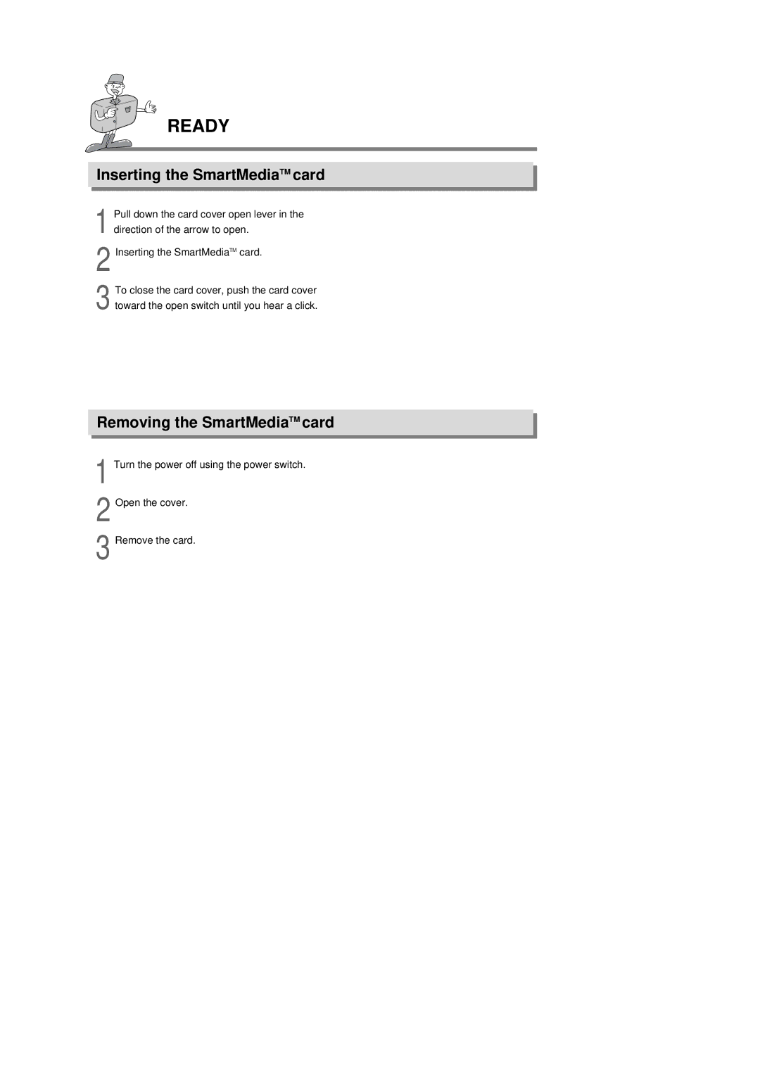 Samsung Digimax 200 manual Inserting the SmartMediaTM card, Removing the SmartMediaTM card 