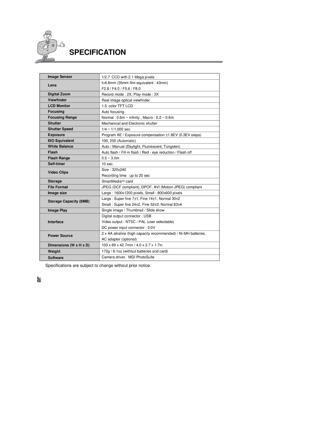 Samsung Digimax 200 manual Specification 