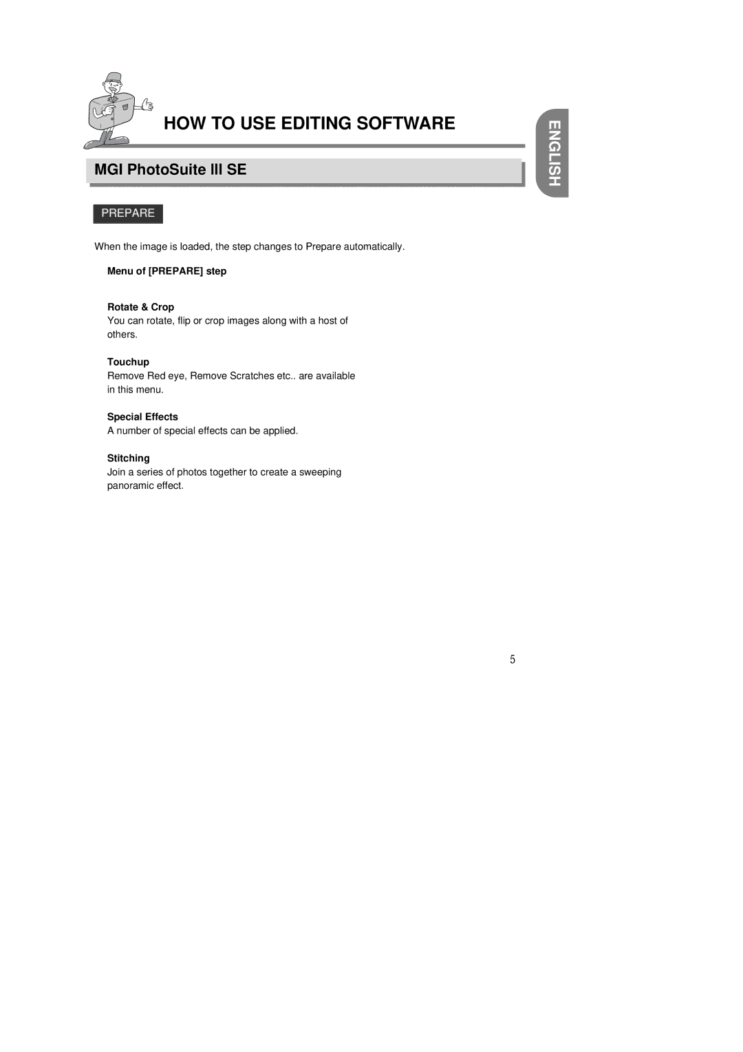 Samsung Digimax 200 manual Menu of Prepare step Rotate & Crop, Touchup, Special Effects, Stitching 