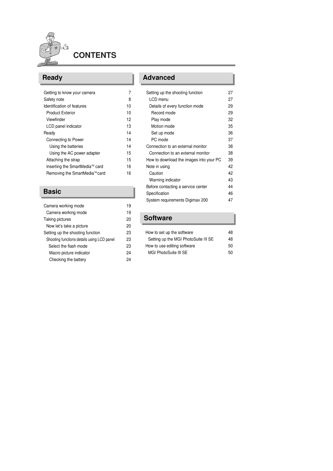 Samsung Digimax 200 manual Contents 