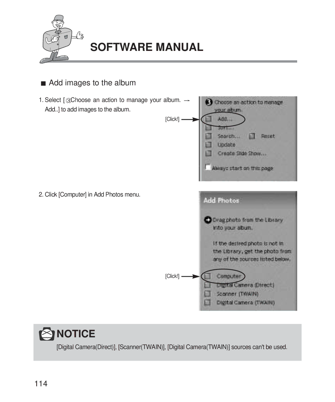 Samsung Digimax 201 manual Add images to the album, 114 