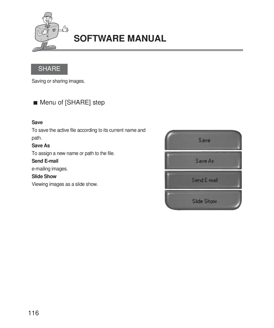 Samsung Digimax 201 manual Menu of Share step, 116 