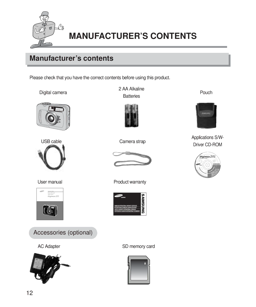 Samsung Digimax 201 manual MANUFACTURER’S Contents 