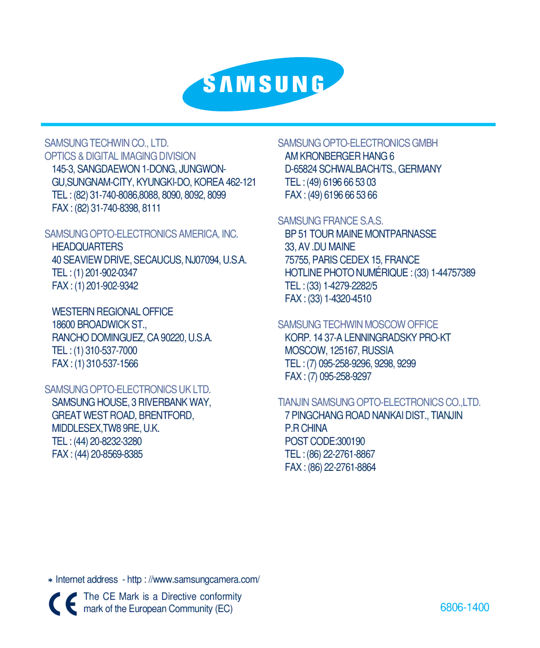 Samsung Digimax 201 manual 6806-1400 