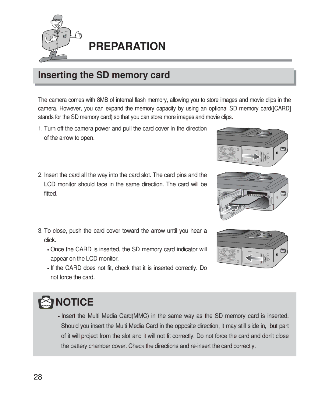 Samsung Digimax 201 manual Inserting the SD memory card 