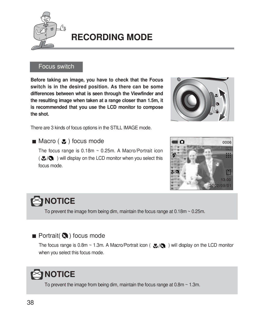 Samsung Digimax 201 manual Focus switch, Macro focus mode, Portrait focus mode 