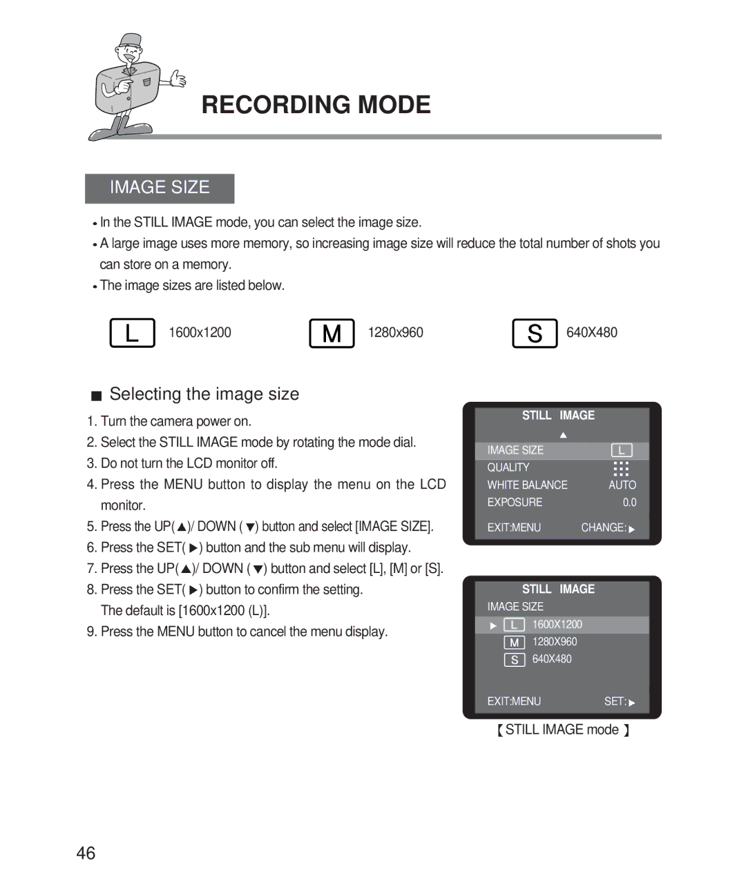 Samsung Digimax 201 manual Image Size, Selecting the image size 