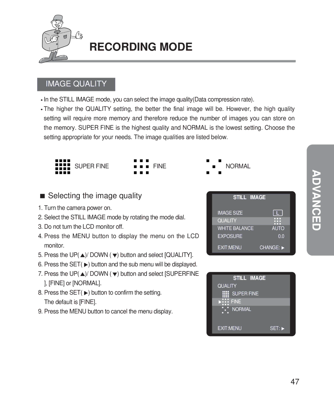 Samsung Digimax 201 manual Image Quality, Selecting the image quality 