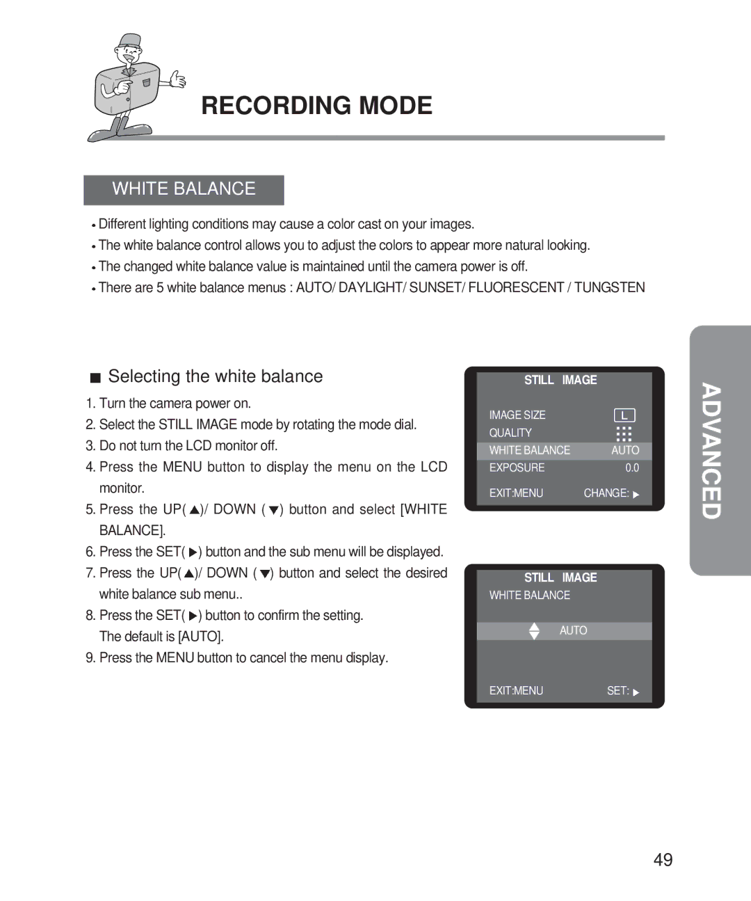 Samsung Digimax 201 manual White Balance, Selecting the white balance 