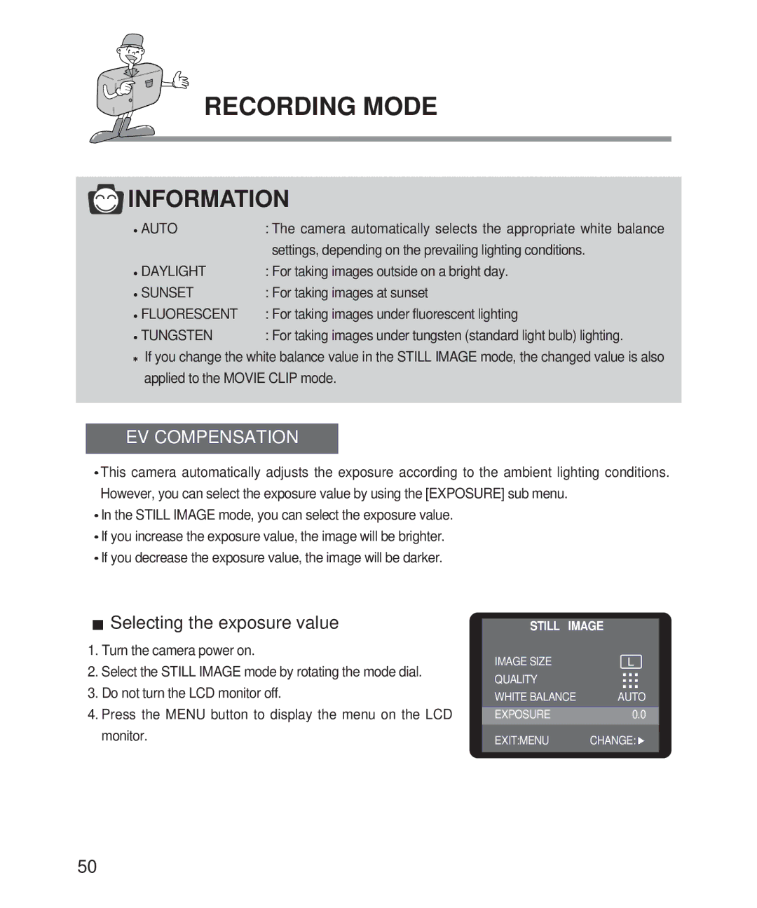 Samsung Digimax 201 manual EV Compensation, Selecting the exposure value 