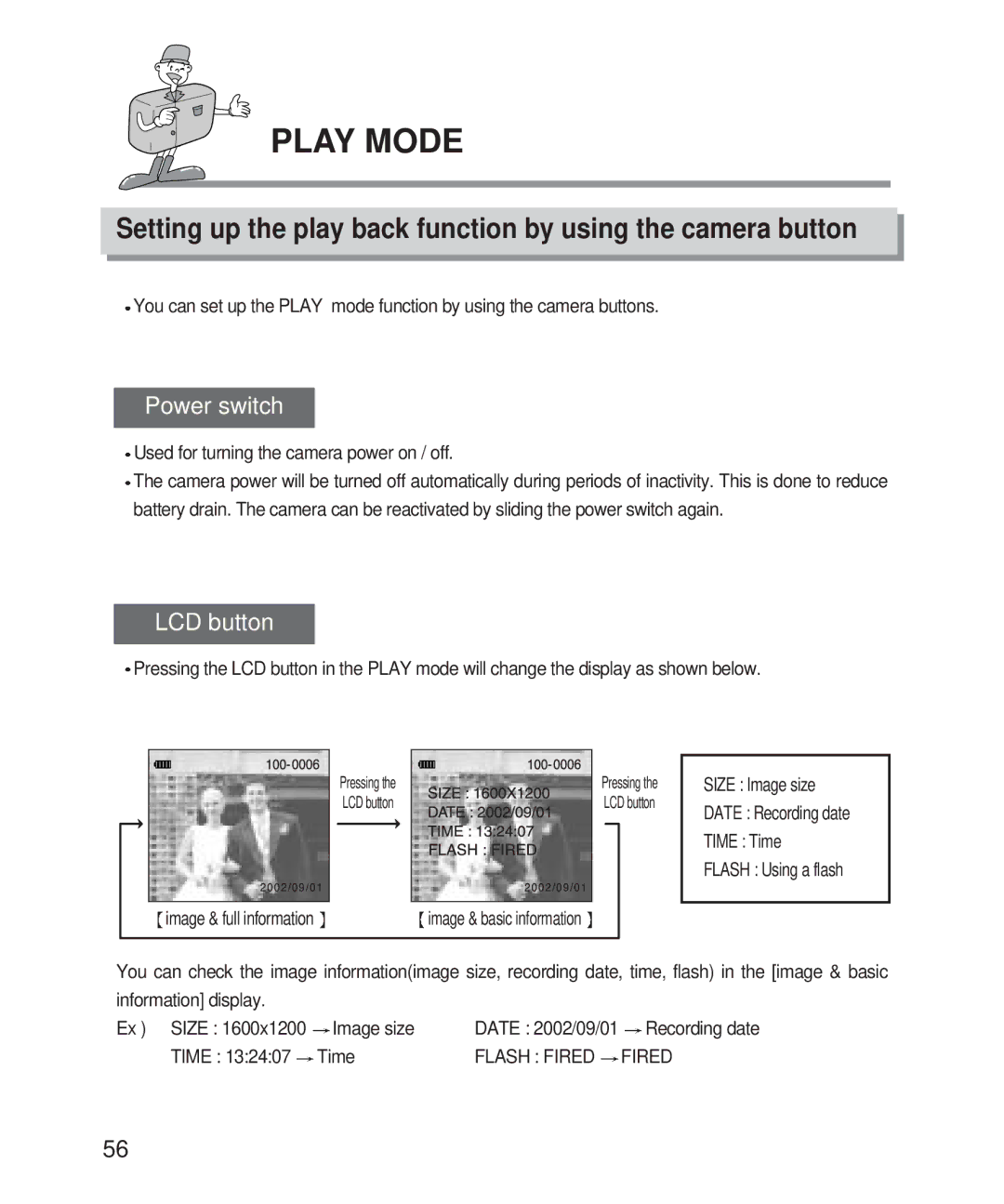 Samsung Digimax 201 manual Setting up the play back function by using the camera button 