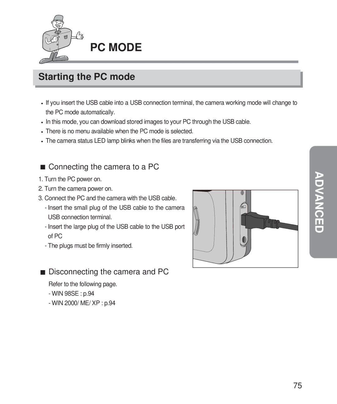 Samsung Digimax 201 manual PC Mode, Starting the PC mode, Connecting the camera to a PC, Disconnecting the camera and PC 