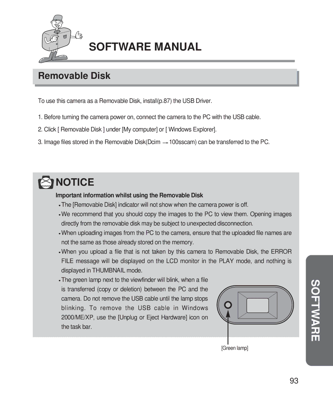 Samsung Digimax 201 manual Important information whilst using the Removable Disk 