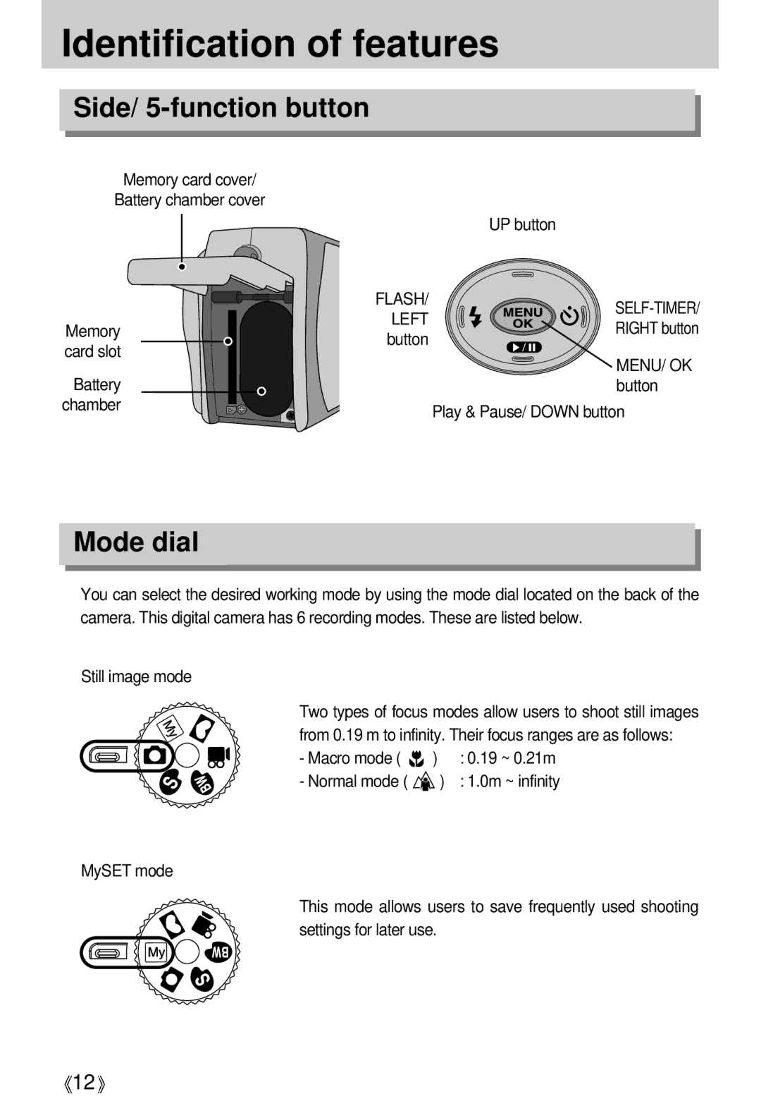 Samsung Digimax 202 manual Side/ 5-function button, Mode dial 