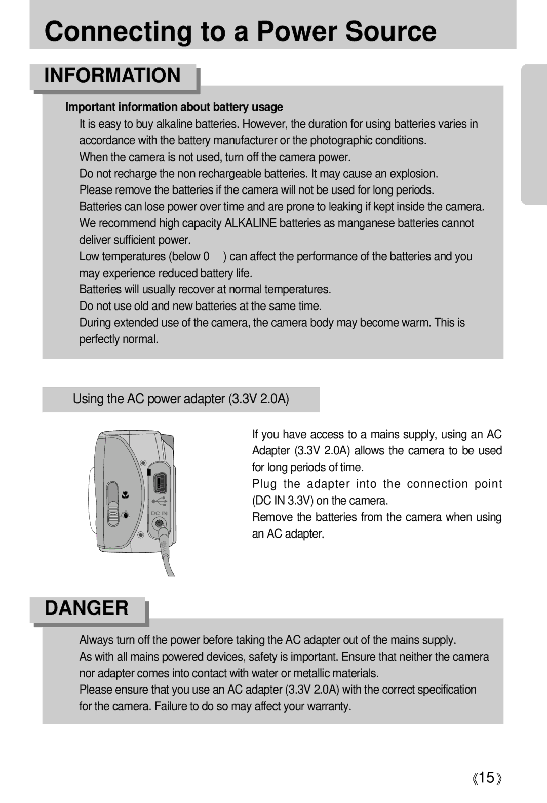 Samsung Digimax 202 manual Connecting to a Power Source, Information 