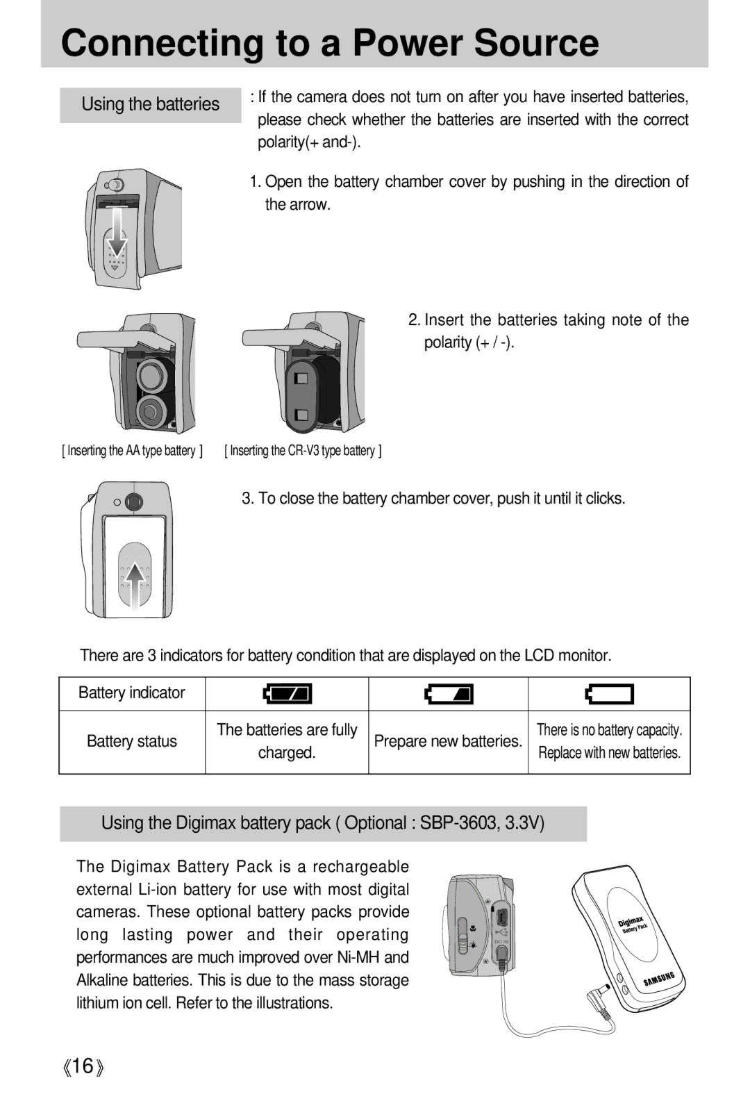 Samsung Digimax 202 manual Arrow, Insert the batteries taking note of the polarity + 