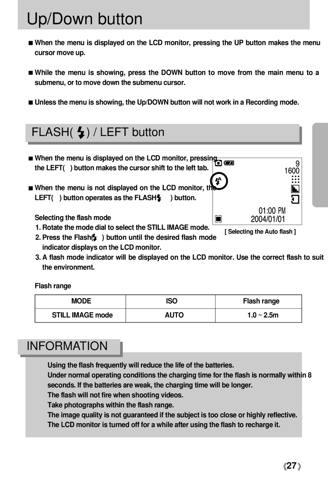 Samsung Digimax 202 manual Up/Down button, Flash / Left button 