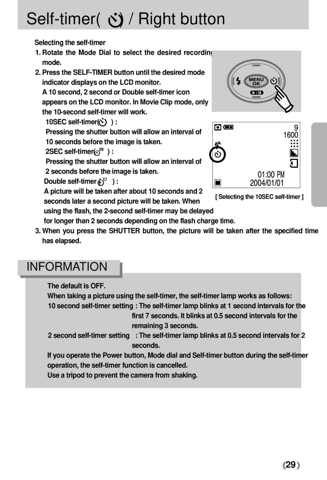 Samsung Digimax 202 manual Self-timer / Right button, 2SEC self-timer 