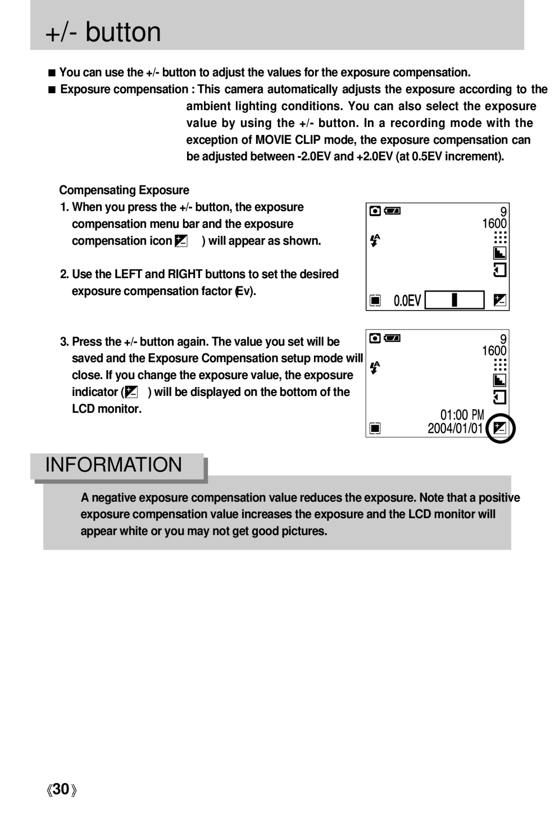 Samsung Digimax 202 manual +/- button, Compensating Exposure 