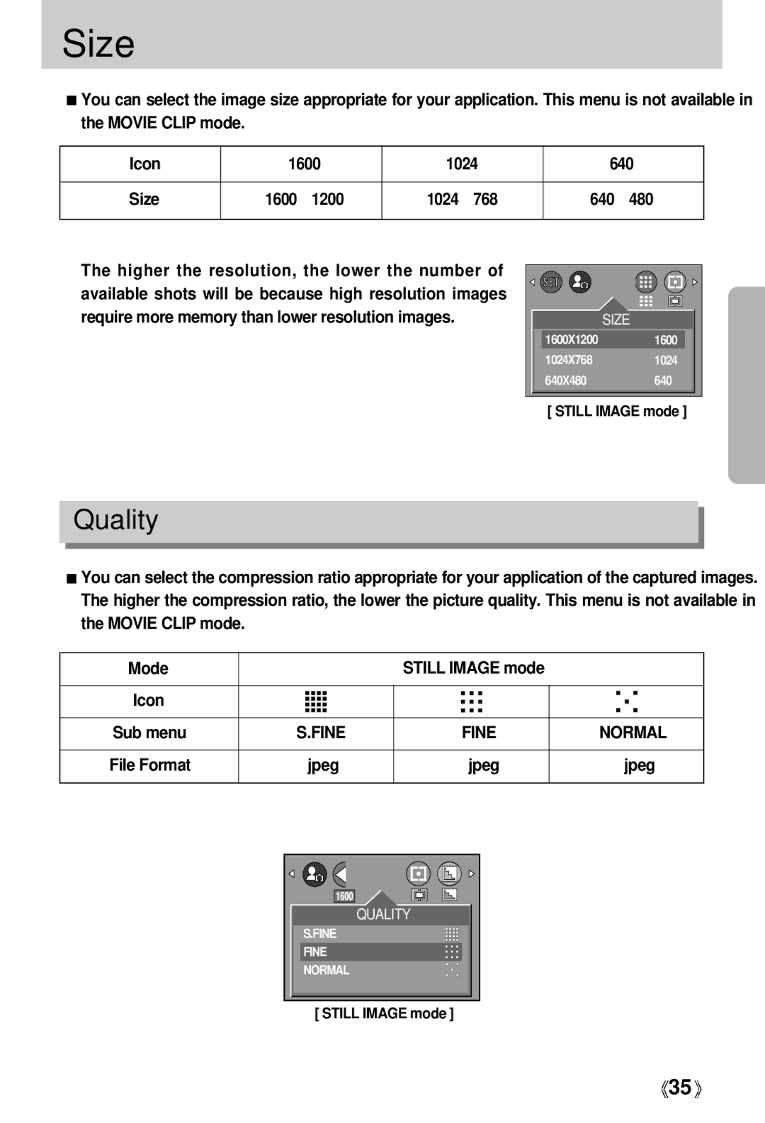 Samsung Digimax 202 manual Size, Quality 