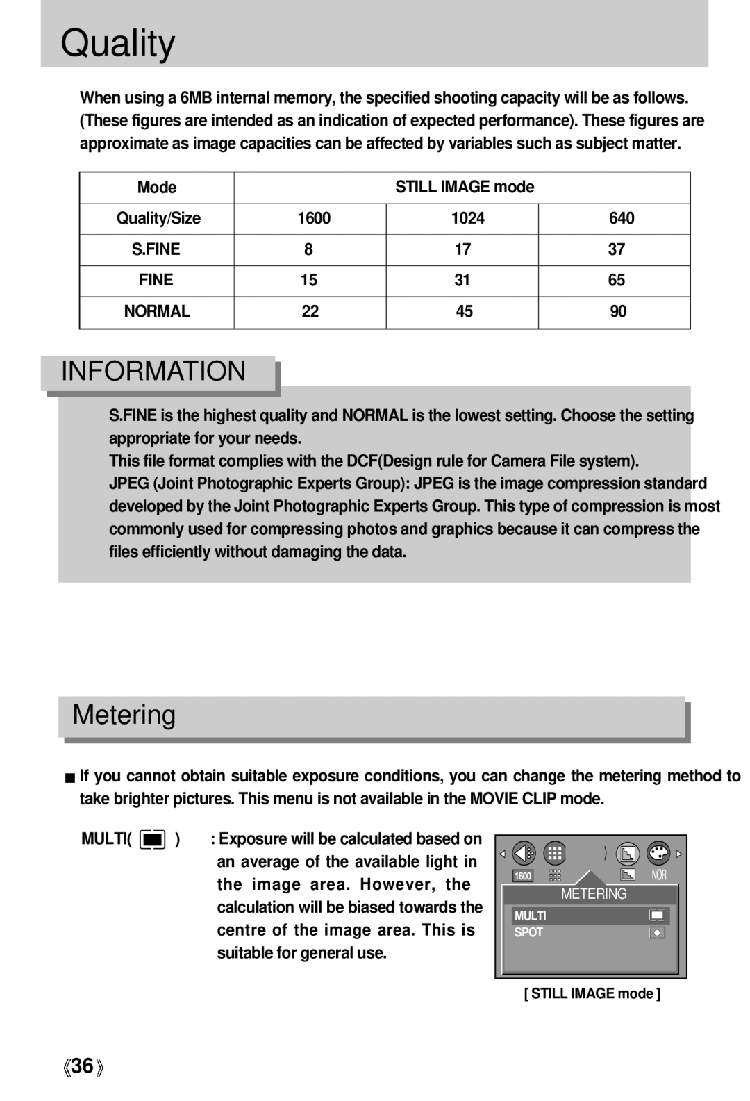 Samsung Digimax 202 manual Quality, Metering 