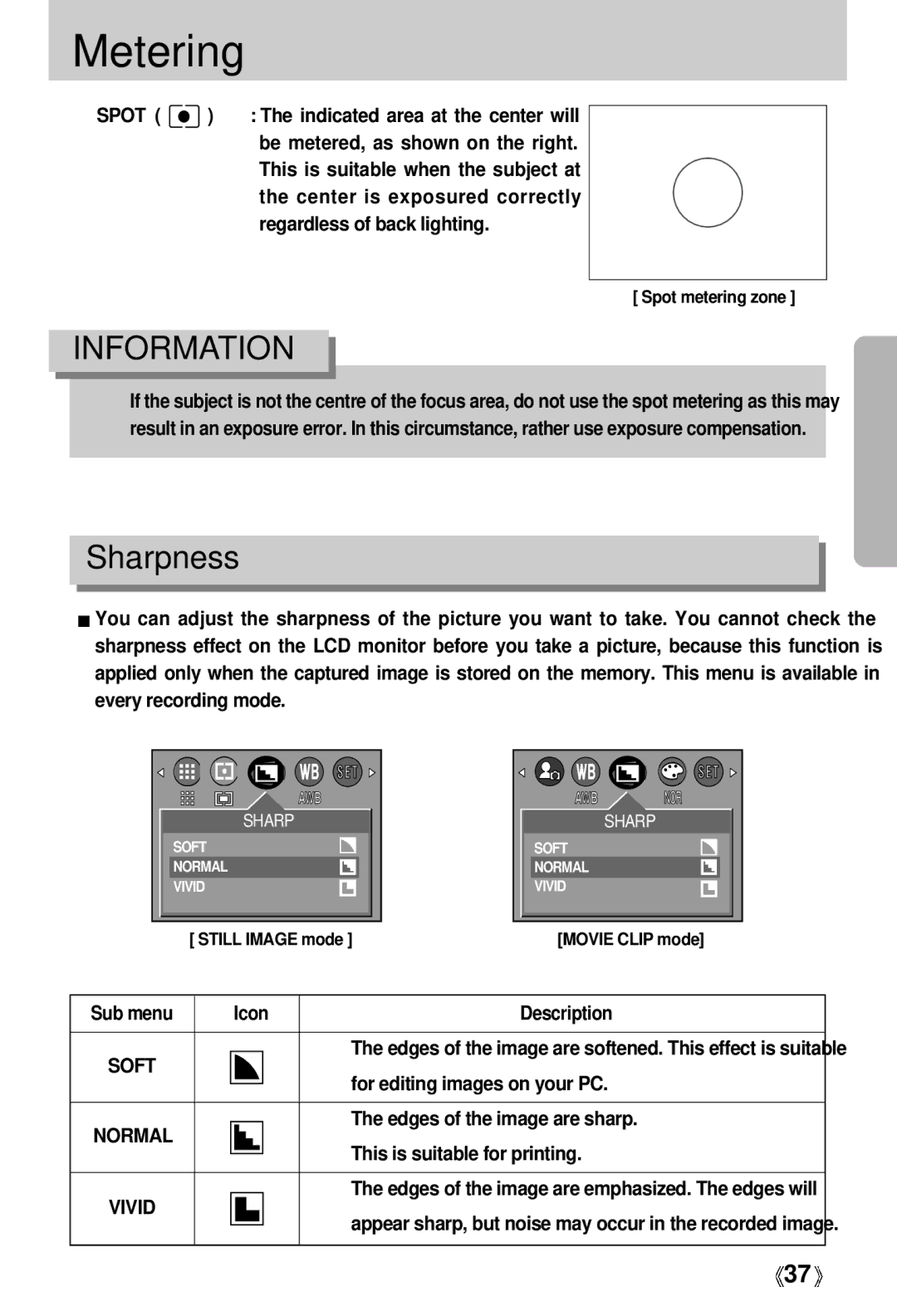 Samsung Digimax 202 manual Metering, Sharpness 