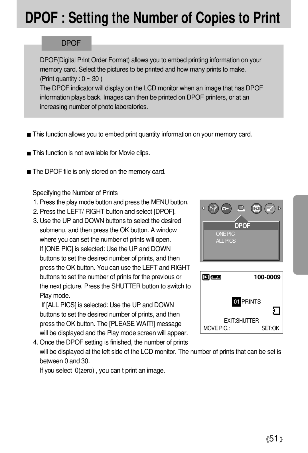 Samsung Digimax 202 manual Dpof Setting the Number of Copies to Print 