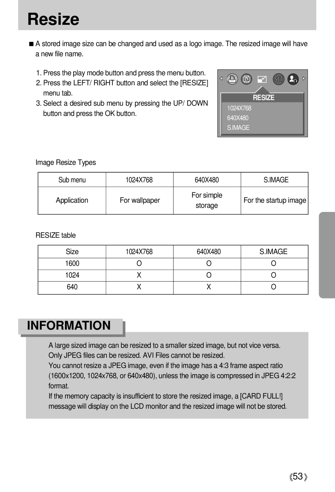 Samsung Digimax 202 manual Sub menu 1024X768 640X480, Resize table 