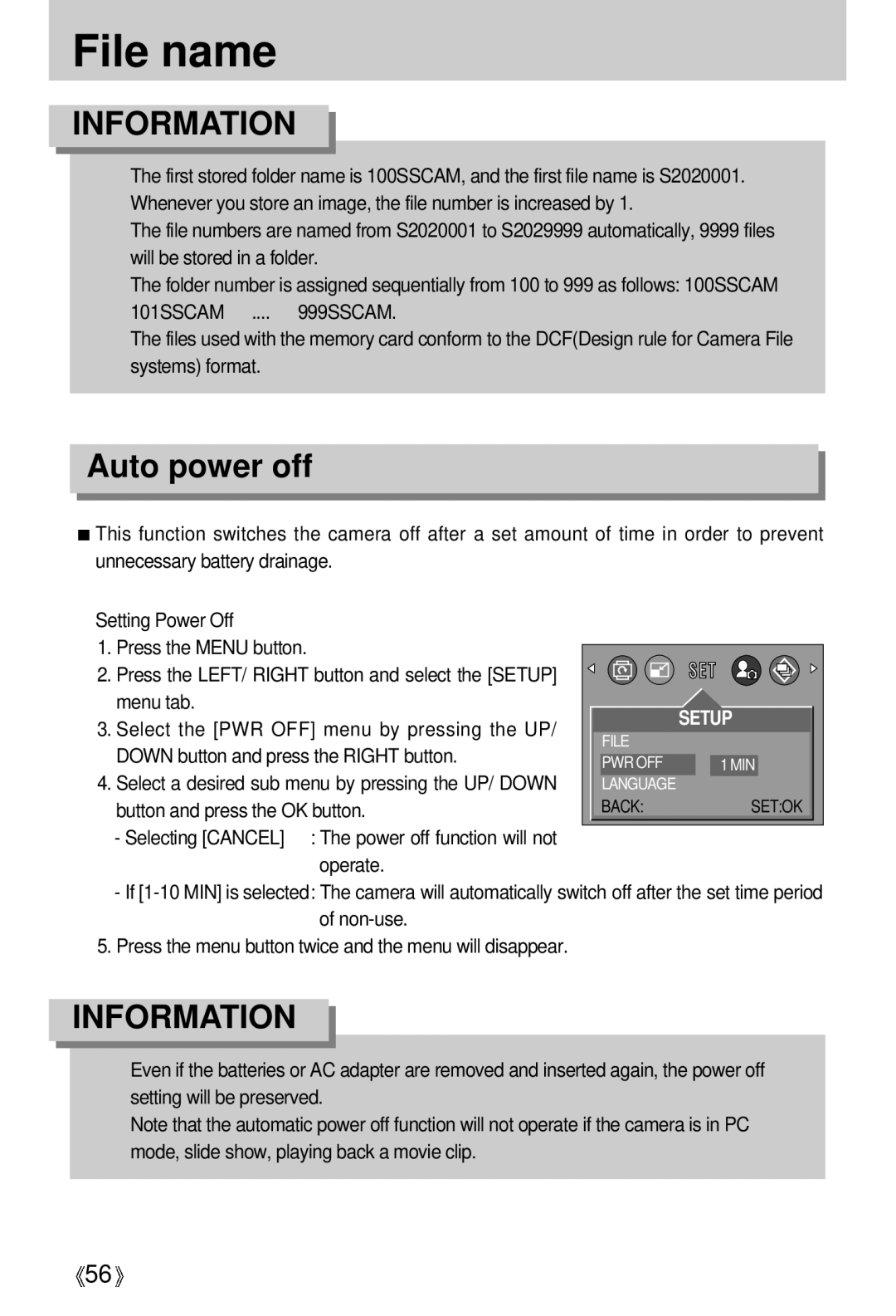 Samsung Digimax 202 manual File name, Auto power off, Select the PWR OFF menu by pressing the UP 