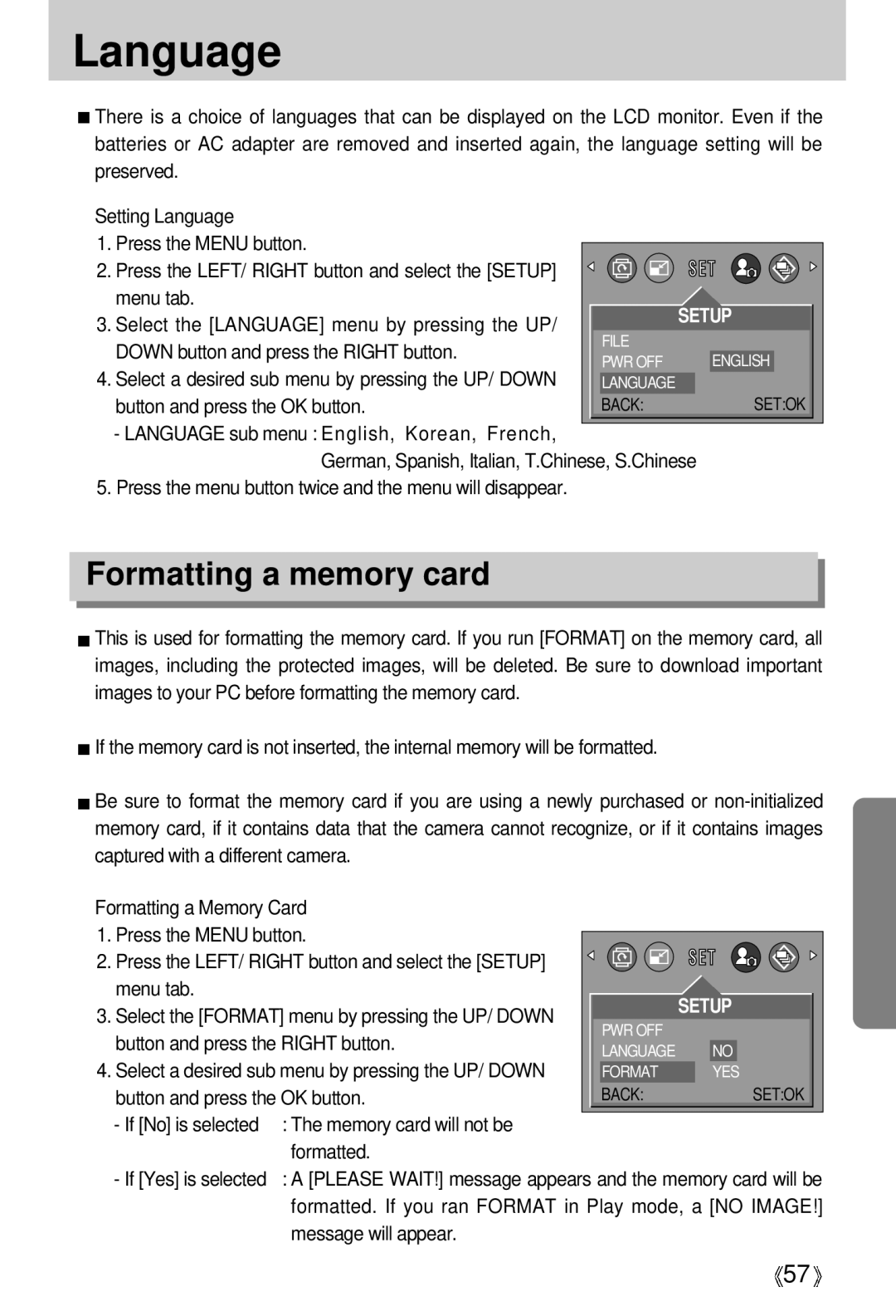 Samsung Digimax 202 manual Language, Formatting a memory card 