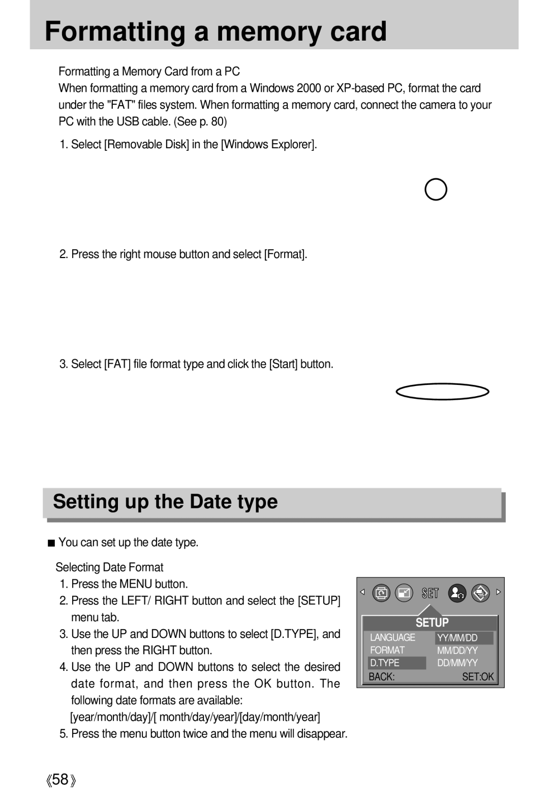 Samsung Digimax 202 manual Formatting a memory card, Setting up the Date type 