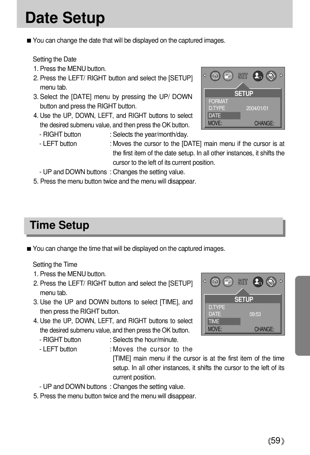 Samsung Digimax 202 manual Date Setup, Time Setup 