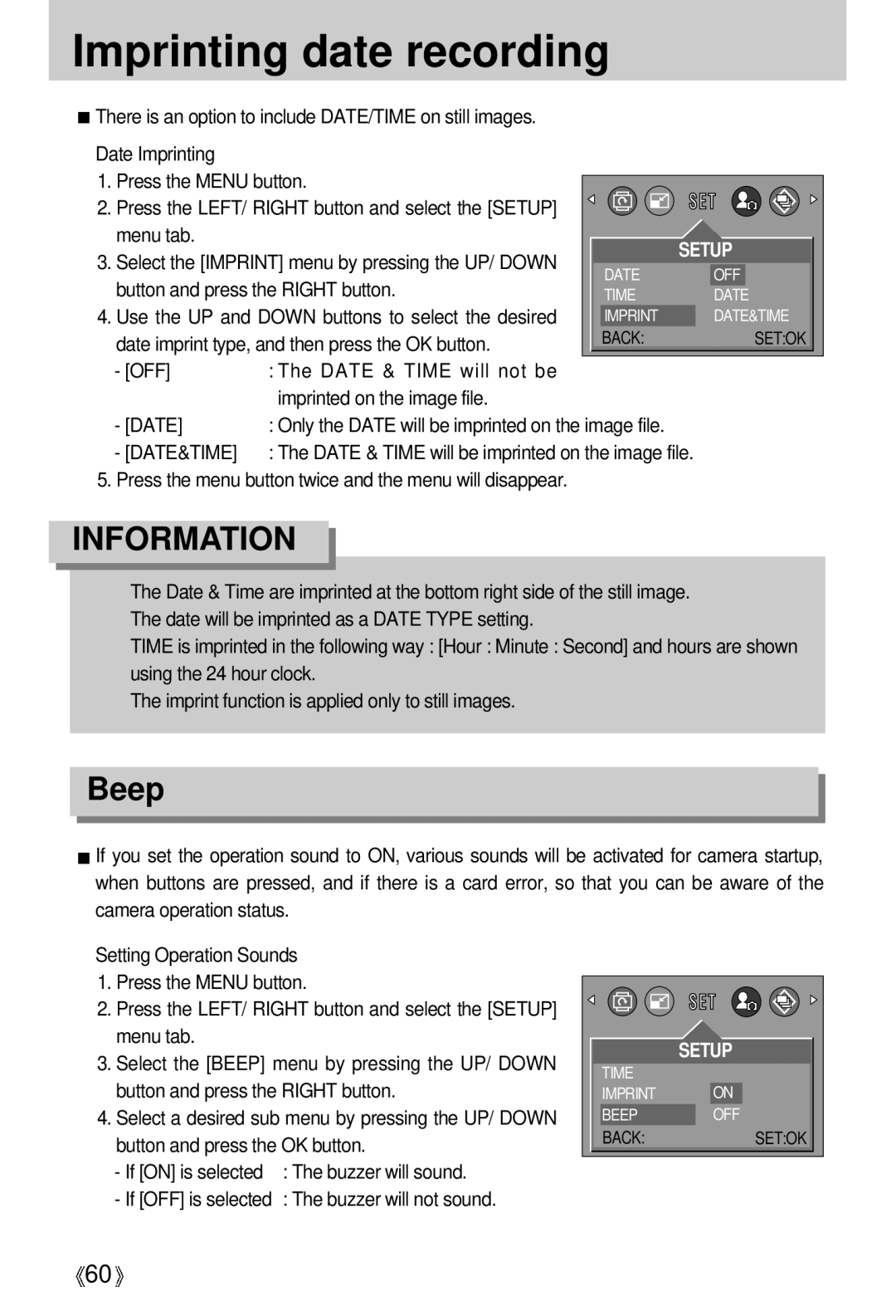 Samsung Digimax 202 manual Imprinting date recording, Beep, Date imprint type, and then press the OK button 